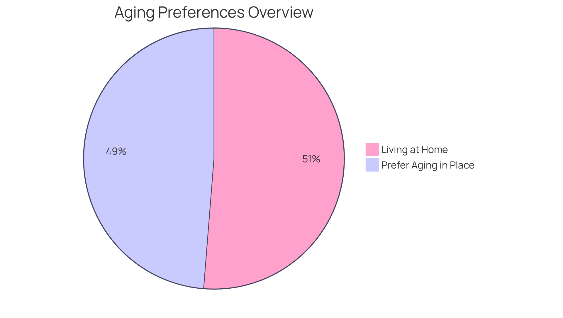 Each slice of the pie shows a significant portion of older adults. The teal slice shows those living at home, while the orange slice represents those who prefer to age in place — both numbers highlight the importance of support systems.