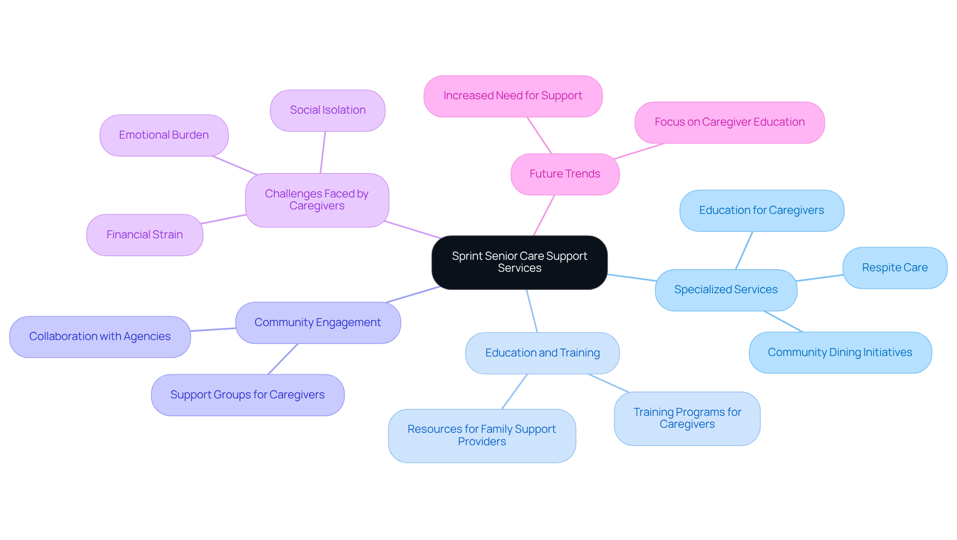 Start at the center with the main focus on Sprint Senior Care's support services, then explore the branches for each type of service and additional themes that highlight their commitment to aiding families.
