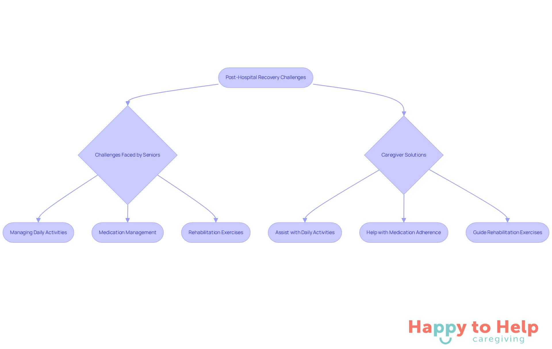 This flowchart outlines the challenges seniors face after hospital discharge and the supportive actions caregivers can take. Follow the arrows to see how caregivers can help address each challenge.
