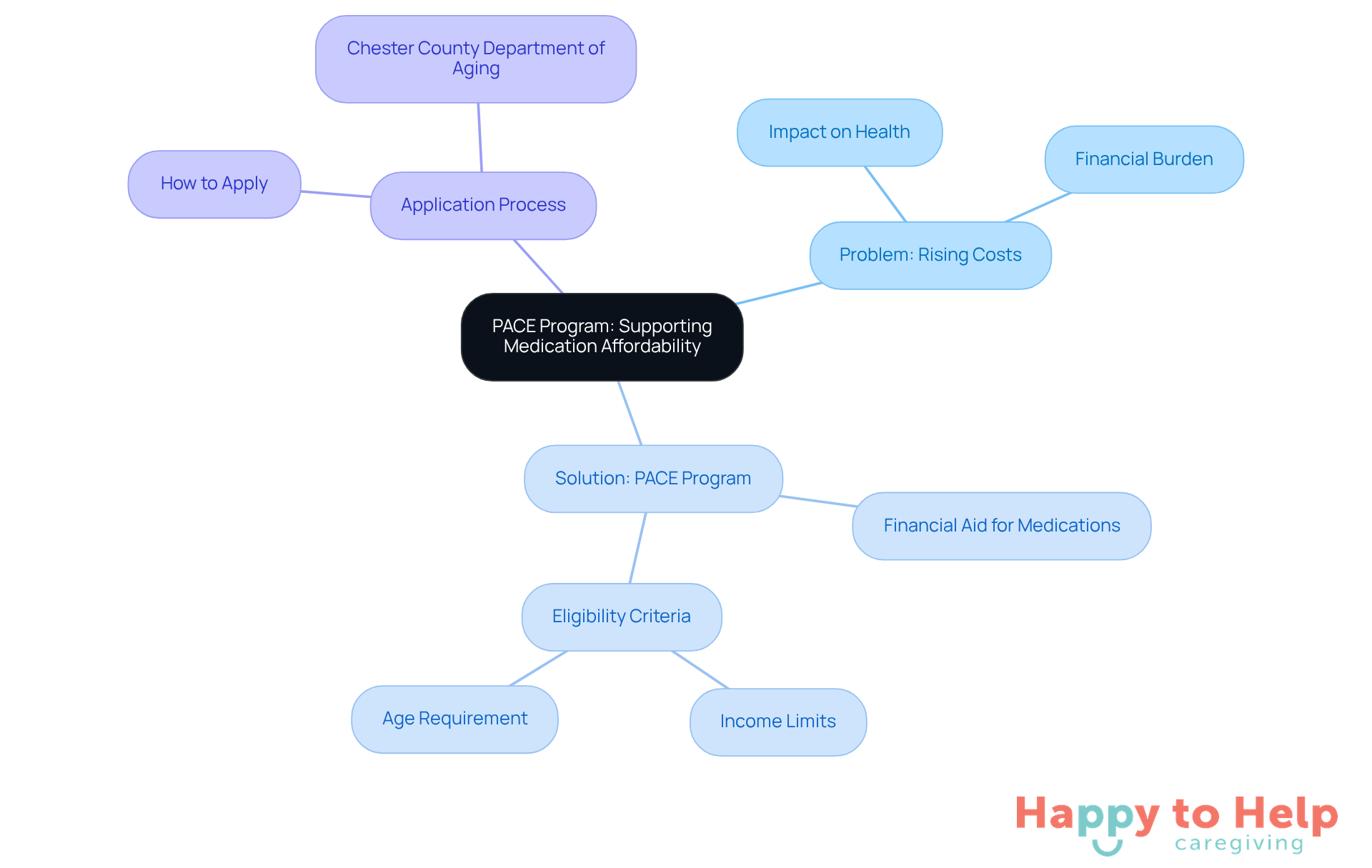 The center represents the PACE program, with branches showing the problem of rising medication costs, the solution provided by the program, and how seniors can apply for assistance. Each branch helps you see how these elements connect.