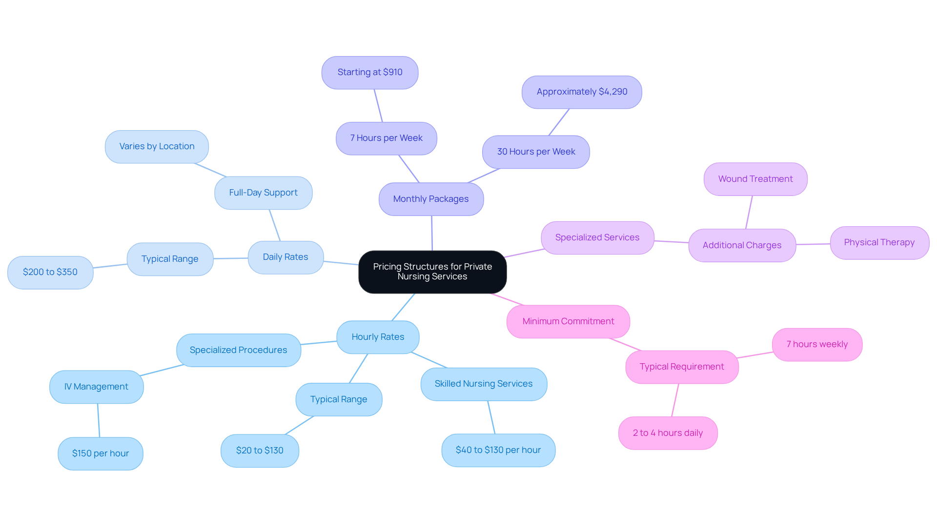 The central node represents the overall topic, while each branch shows a different pricing model. The sub-branches provide specific details about costs and conditions, helping families understand their options.