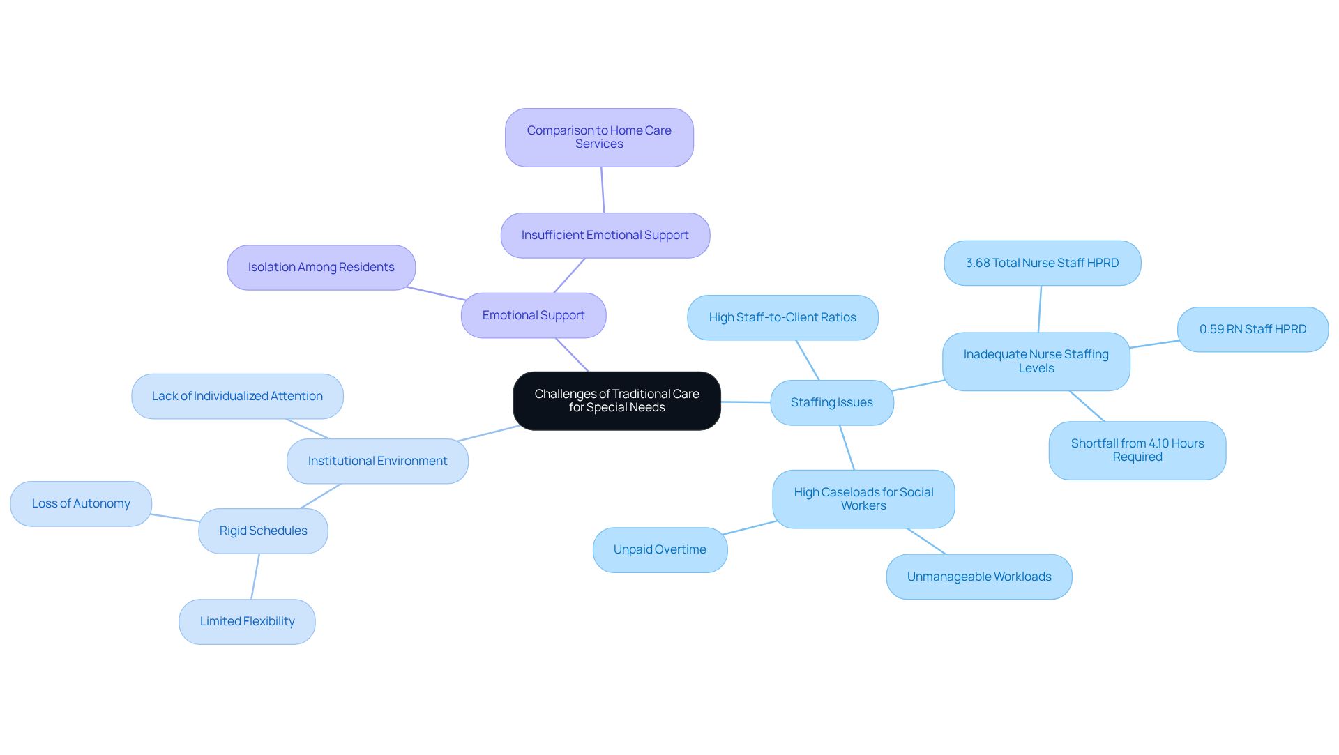 The central node represents the overarching theme; the branches show key challenges and their specific aspects, helping to visualize the complexity of care needs.