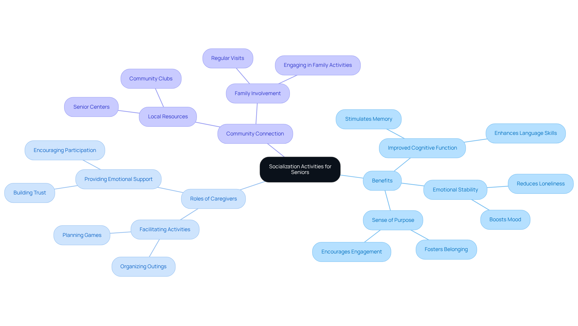 This mindmap illustrates how different aspects of socialization activities contribute to seniors' well-being. The central node represents the main theme, while branches depict various benefits and roles that facilitate social engagement.