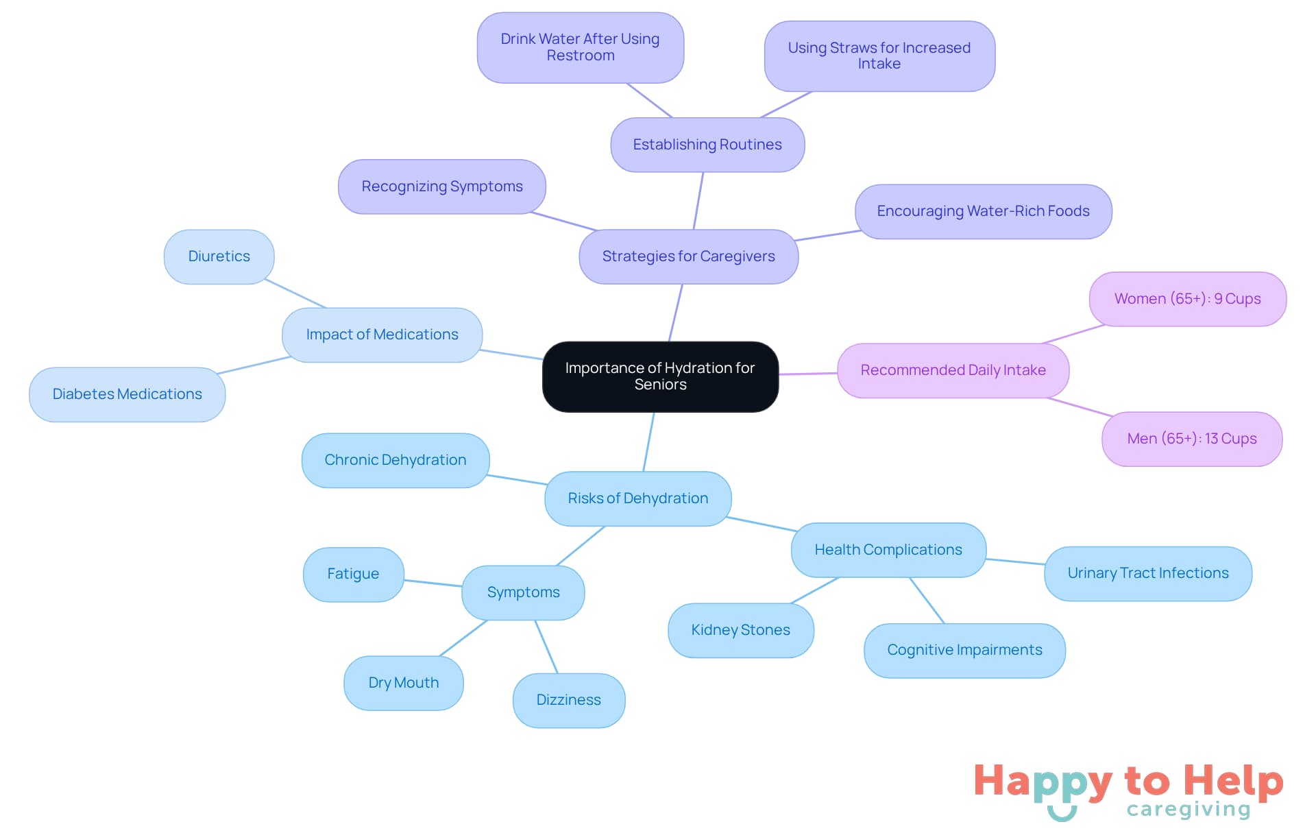 The central node represents the main topic of hydration. Each branch shows different aspects related to hydration, such as risks and strategies, making it easy to understand the importance of keeping seniors hydrated.