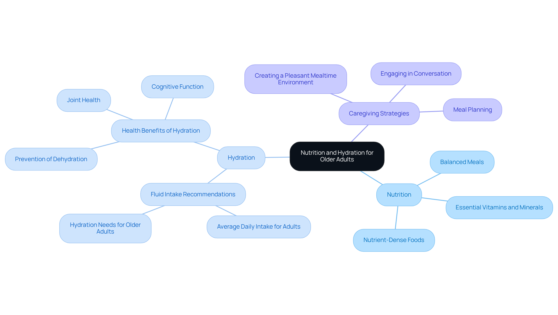 The central idea is about ensuring proper nutrition and hydration for older adults. Each branch represents a key theme, with sub-branches detailing specific aspects or strategies related to that theme.