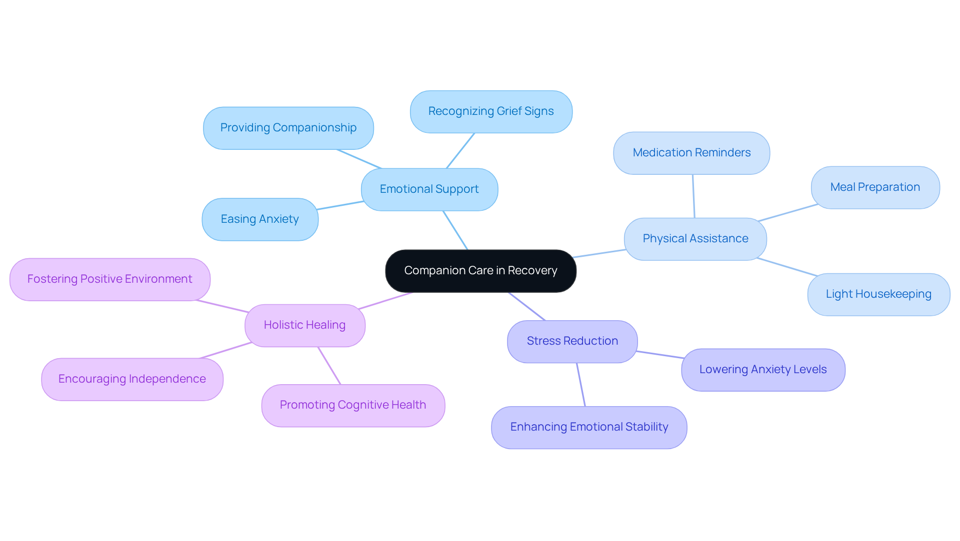 The central node represents the importance of companionship care, while the branches illustrate various roles and benefits caregivers provide, helping to visualize how they contribute to recovery.