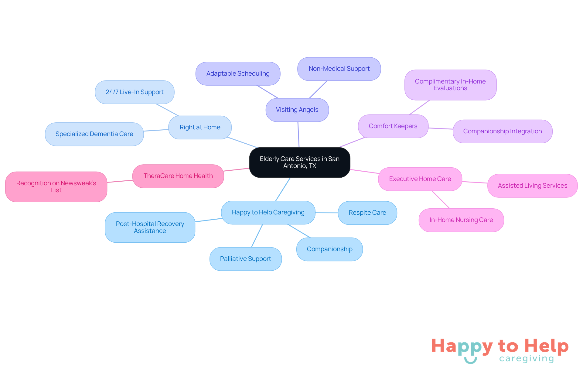 The central node represents the overall theme of elderly care services, while each branch shows a different provider. Sub-branches detail the specific services they offer, helping families understand their options at a glance.