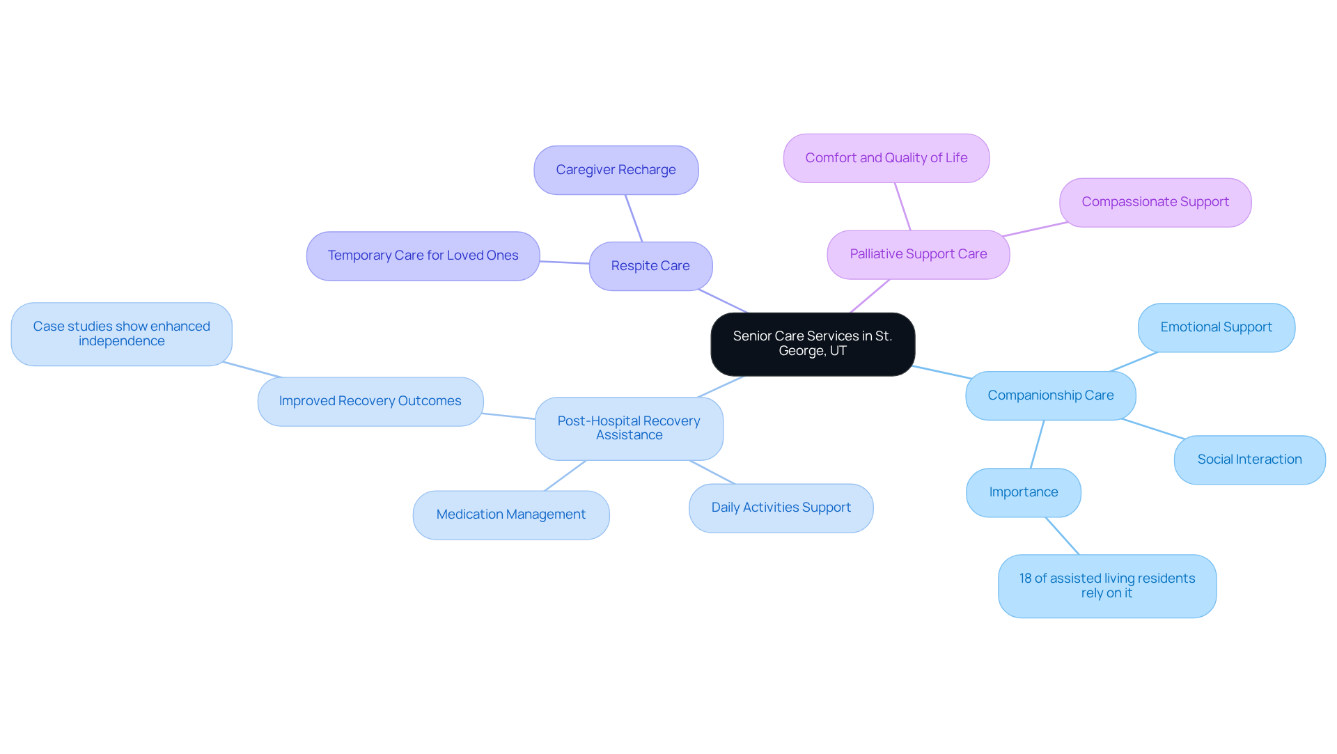 The central node represents the main theme of senior care services. The branching nodes show different types of care available, and the sub-branches provide additional details, helping families navigate their options.