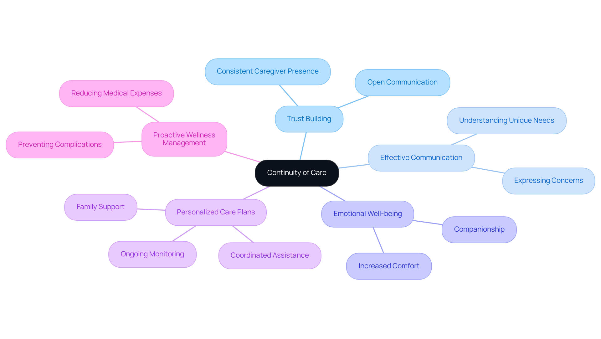 The central node represents the main idea of continuity of care, while the branches illustrate how various factors like trust, communication, and personalized care contribute to a supportive environment for older adults.