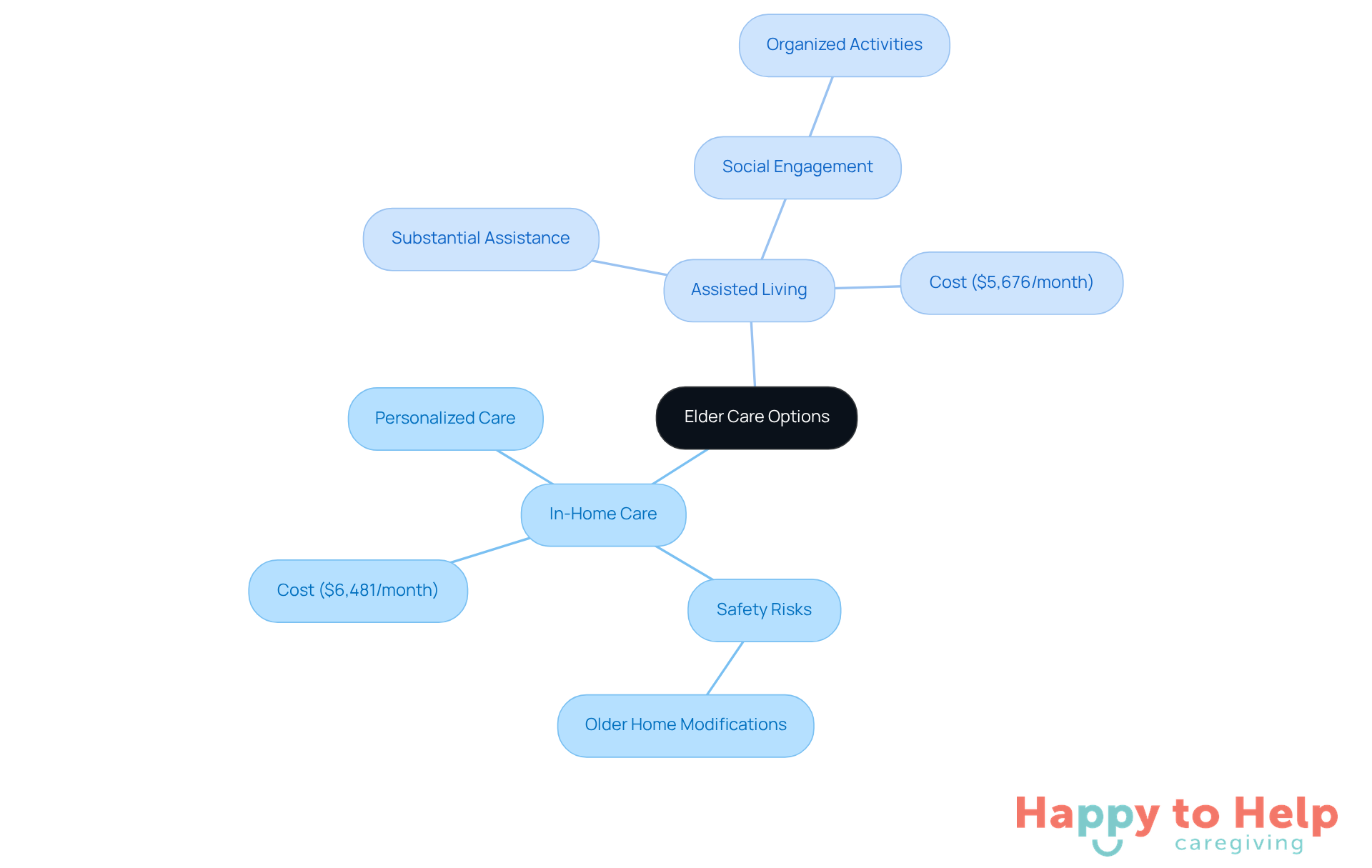 The central node represents the overall topic of elder care options. The branches show the two main choices, and the sub-branches detail the key factors to consider for each option, helping families make informed decisions.