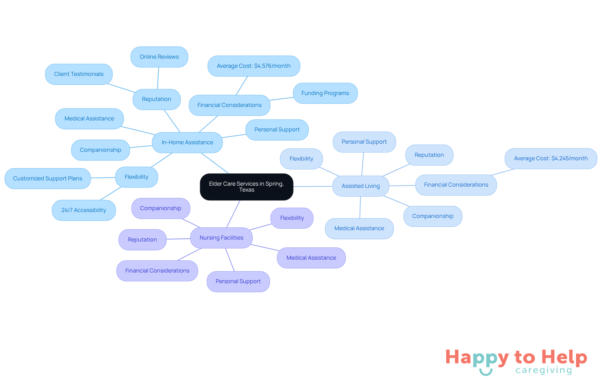 The center represents elder care options, with branches showing different types of services and important factors to consider. Each color-coded branch helps you quickly identify the category and its related aspects.