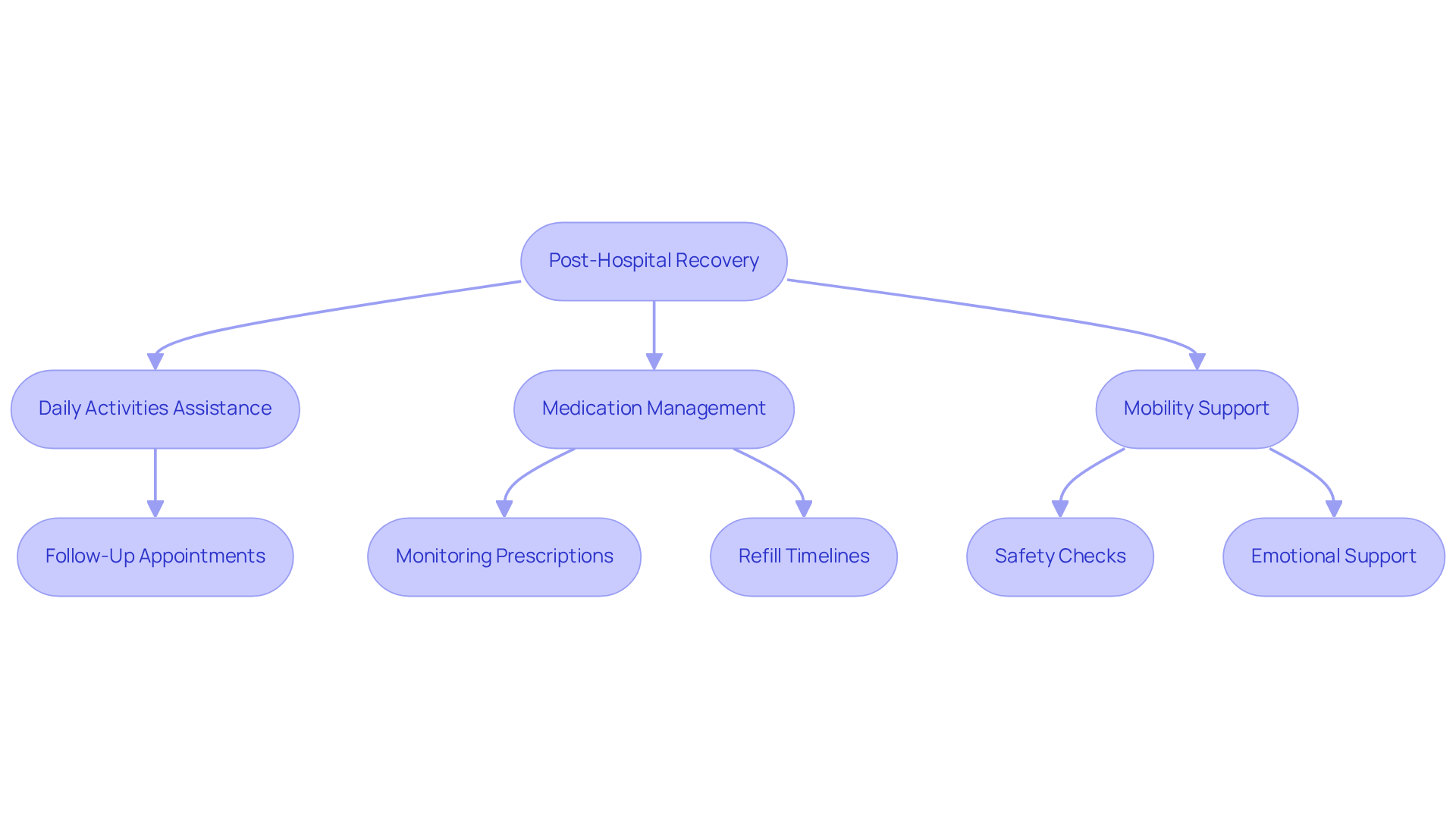 This flowchart shows the steps involved in helping seniors recover after a hospital stay. Each box represents a type of support, and the arrows show how they connect to help seniors regain their independence.