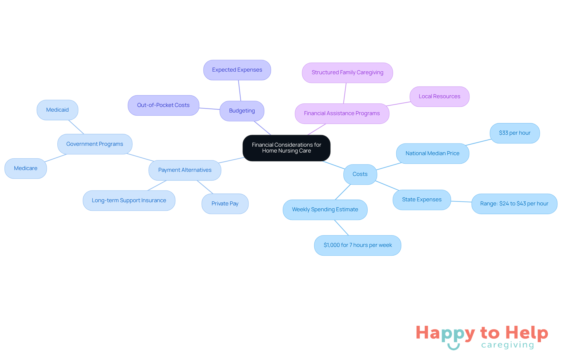 The central node represents the overall topic, while the branches show different aspects of financial considerations. Each color-coded branch helps you navigate through costs, payment options, budgeting, and assistance programs.