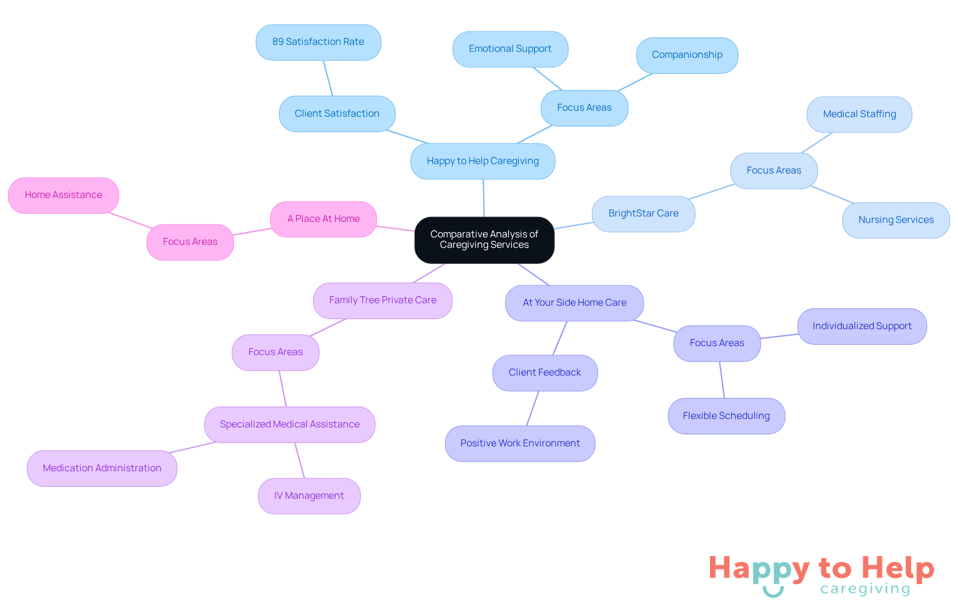 The central node represents the overall analysis, while each branch shows a different caregiving service. Sub-branches highlight their specific strengths and focus areas, helping you see how they compare and what unique offerings they provide.