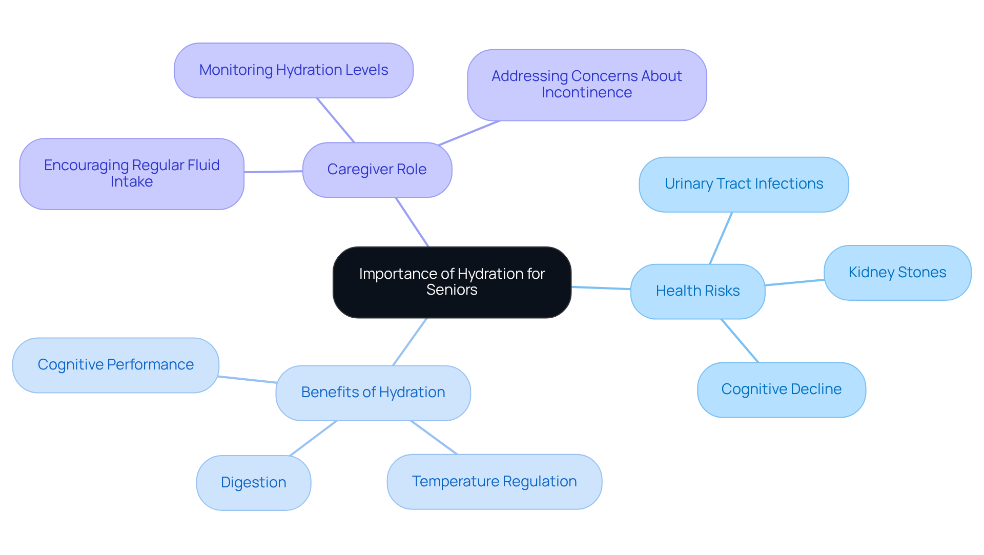The central node represents the main topic of hydration for seniors. The branches show related health risks and benefits, while the caregiver role highlights how they can help. Each color-coded section makes it easy to follow the connections.