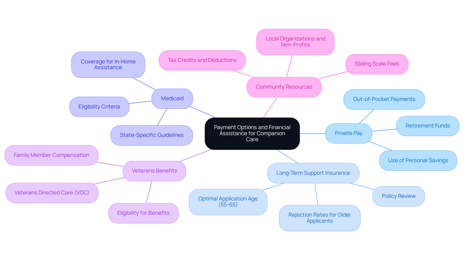 The central node represents the overall theme of payment options, while each branch shows a different category of assistance. Sub-branches provide additional details, helping families understand their choices and navigate financial support.