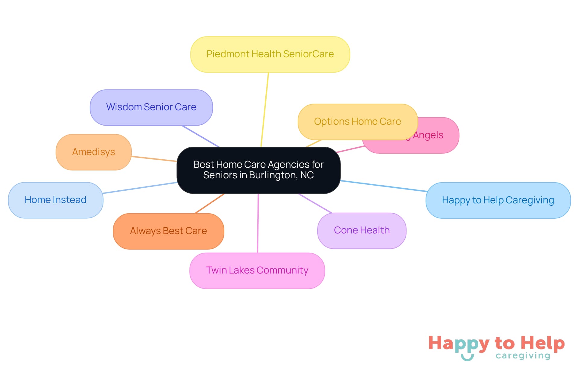 The central node represents the main topic, while each branch shows a different agency. This helps caregivers easily identify their options for quality home care.