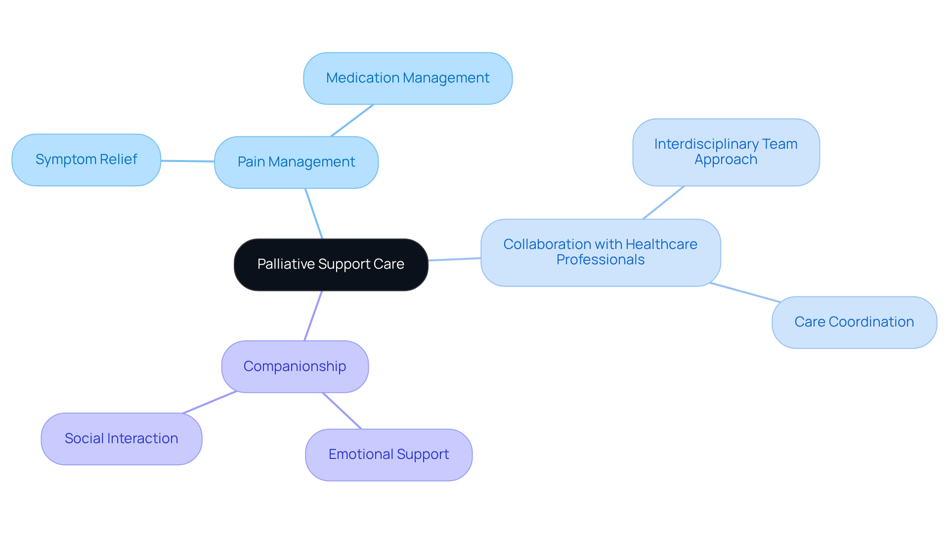 The center represents palliative support care, while the branches show key aspects of this support. Each branch indicates how it contributes to improving quality of life for those facing serious illnesses.