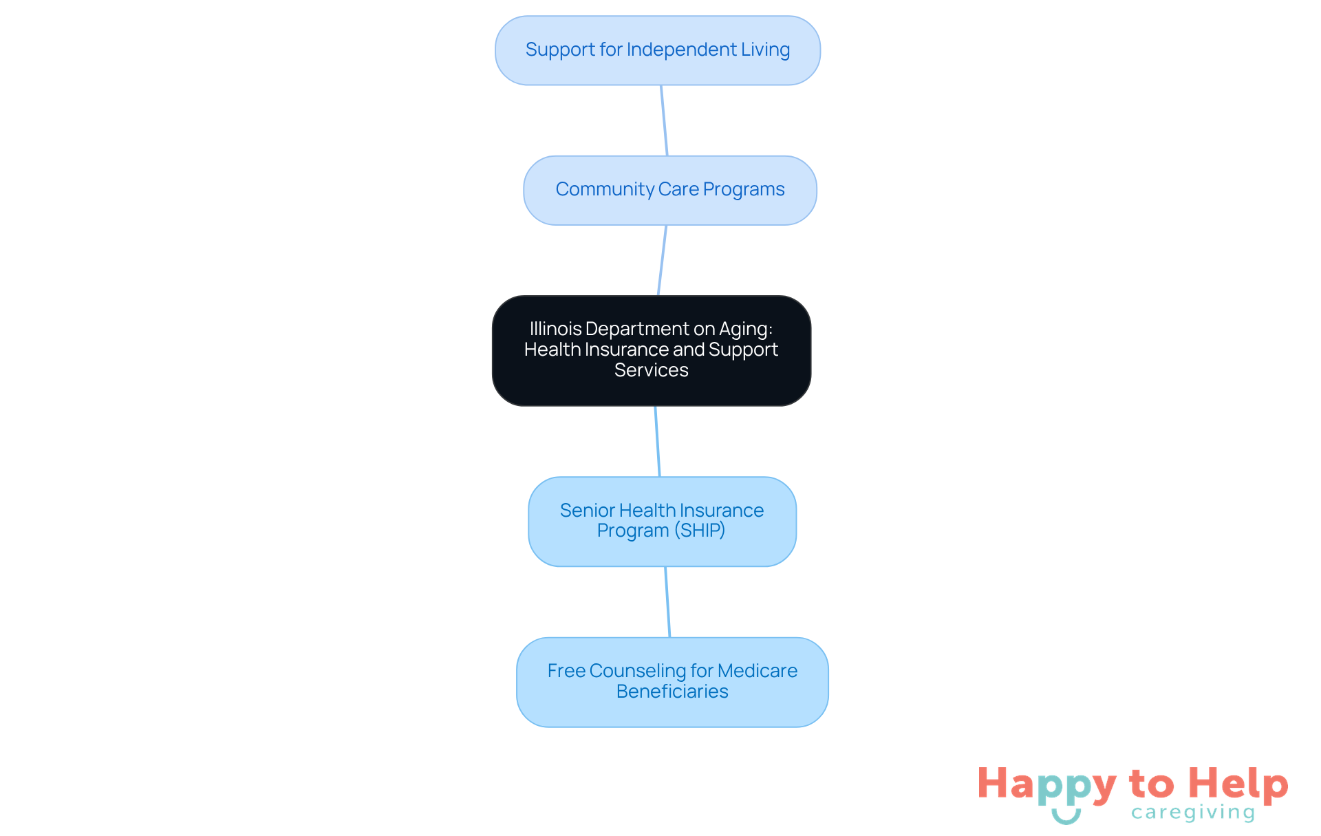 The central node represents the main topic, while the branches show specific programs and their purposes. Follow the branches to understand how each program supports seniors.