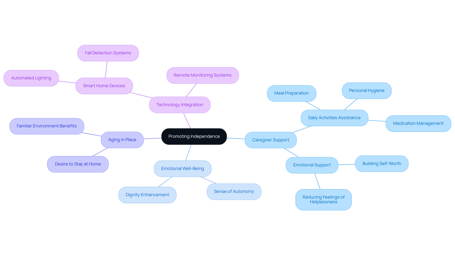 The central node represents the main theme of independence. Each branch shows a key area of support, with further details on how they contribute to the overall goal of fostering autonomy and dignity for elderly individuals.