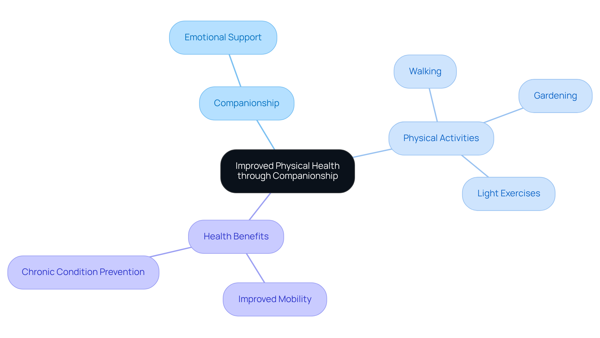 The center represents the core idea of companionship improving health. Follow the branches to see how activities contribute to physical well-being and emotional support.